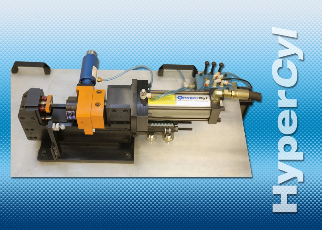 HyperCyl hydra-pneumatic cylinder with blue gradient background and HyperCyl logo